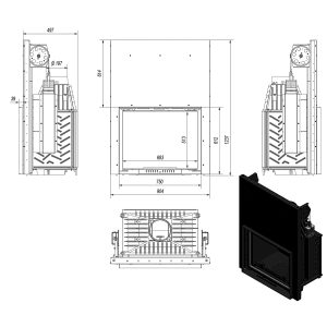 Τεχνικό σχέδιο για το ενεργειακό τζάκι Kratki Amelia G 21kW ίσιο lift-up