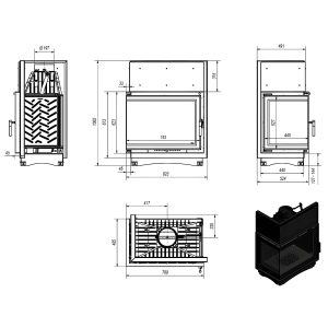 Τεχνικό σχέδιο για το ενεργειακό τζάκι Kratki Amelia L BS Deco 21kW