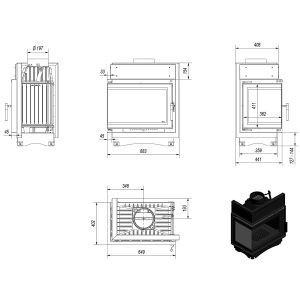 Τεχνικό σχέδιο για ενεργειακό τζάκι Kratki Maja L BS Deco 8kW
