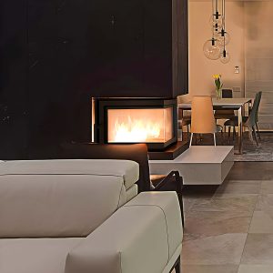 Μοντέρνο σαλόνι με ενεργειακό δεξί γωνιακό τζάκι Kratki Maja P BS 8kW