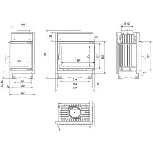 Τεχνικό σχέδιο για το ενεργειακό τζάκι Kratki Maja P BS 8kW δεξιά γωνία