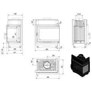 Τεχνικό σχέδιο για ενεργειακό τζάκι Kratki Maja P BS Deco 8kW δεξιά γωνία