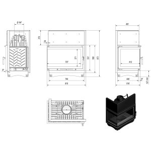 Τεχνικό σχέδιο για το ενεργειακό τζάκι Kratki Oliwia L BS 16kW