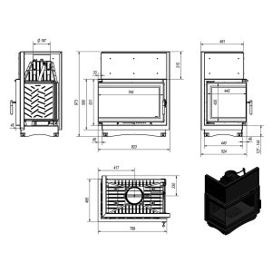 Τεχνικό σχέδιο για το ενεργειακό τζάκι Kratki Oliwia L BS Deco 16kW