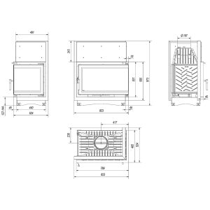 Τεχνικό σχέδιο για το ενεργειακό τζάκι Kratki Oliwia P BS Deco 16kW