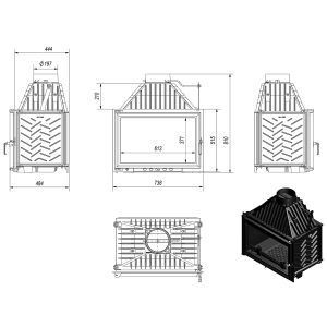 Τεχνικό σχέδιο για το ενεργειακό τζάκι Kratki Oliwia PF 16kW