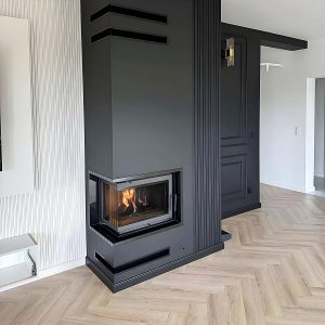 Μοντέρνο σαλόνι με μαντεμένιο αριστερό γωνιακό τζάκι Kratki Simple Μ S L BS 8kW