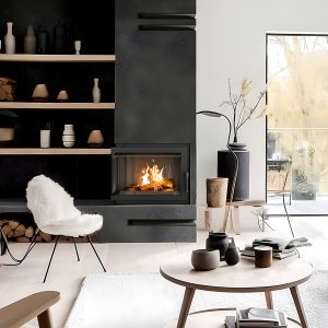 Διακόσμηση μοντέρνου σαλονιού με τζάκι Kratki Simple Μ S L BS 8kW αριστερή γωνία