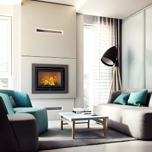 Διακόσμηση σαλονιού με ενεργειακό τζάκι Kratki Zuzia Deco 15kW ίσιο