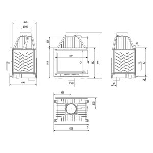 Τεχνικό σχέδιο για το ενεργειακό τζάκι Kratki Zuzia Eco Deco 12kW ίσιο
