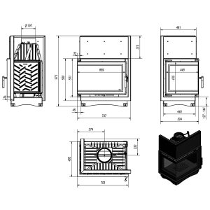Τεχνικό σχέδιο από το ενεργειακό τζάκι Kratki Zuzia L BS Deco 15kW