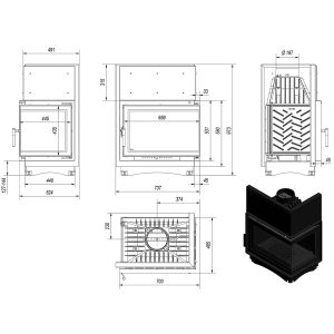 Τεχνικό σχέδιο για το ενεργειακό τζάκι Kratki Zuzia P BS Deco 15kW δεξιά γωνία