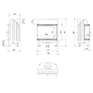 Steel fireplace KRATKI BLANKA 670 570 L BS 11 kW Ø 180 τεχνικό σχέδιο