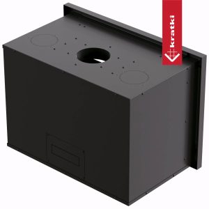 Πίσω και πάνω όψη της κασέτας τζακιού Kratki Kaseta Arke 75 που δείχνει την έξοδο καυσαερίων και τους αεραγωγούς