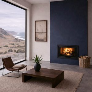 Minimal τοποθέτηση ενεργειακής κασέτας Kratki Kaseta Arke 95 Black σε μπλε τοίχο accent - Τζάκι Γιαννούδης.