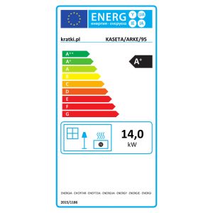Επίσημη ενεργειακή ετικέτα EE A+ για την κασέτα τζακιού Kratki Kaseta Arke 95 14 kW.