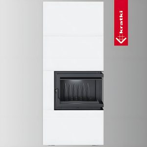 Δεξί γωνιακό ενεργειακό τζάκι Kratki Simple Box P S Bianco 8kW ανοιγόμενο