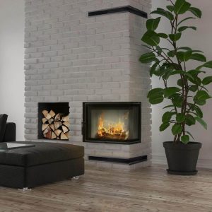 Μοντέρνο σαλόνι με δεξί γωνιακό ενεργειακό τζάκι ξύλου Kratki Lucy 12 Slim P BS