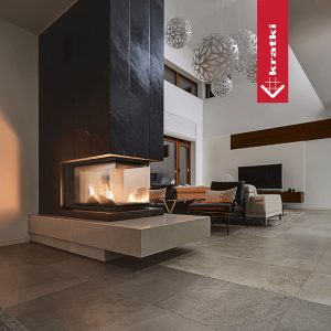 Μοντέρνο σαλόνι με πανοραμικό ενεργειακό τζάκι τριών όψεων Kratki NBU 500 700