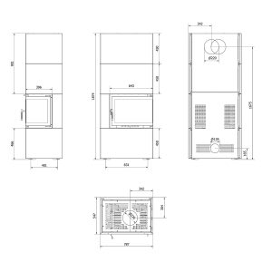 Τεχνικό σχέδιο για το ενεργειακό τζάκι Kratki Simple Box P S Bianco δεξιά γωνία
