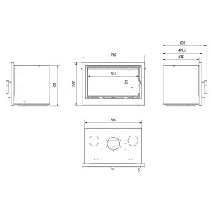 Τεχνικό σχέδιο για το ενεργειακό τζάκι κασέτα Kratki Kaseta Arke 70 8kW