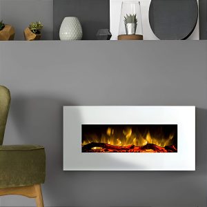 Επιτοίχιο ηλεκτρικό τζάκι Glow Fire Pluto White με γυάλινη πρόσοψη και τρισδιάστατες LED φλόγες