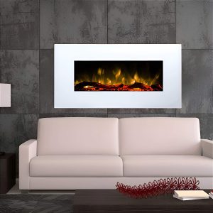 Επιτοίχιο ηλεκτρικό τζάκι Glow Fire Pluto White με γυάλινη πρόσοψη και τρισδιάστατες LED φλόγες