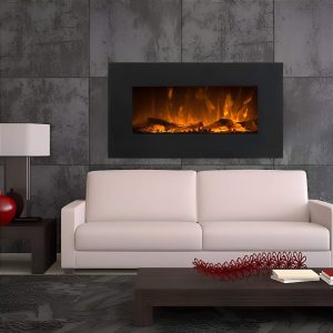 Επιτοίχιο ηλεκτρικό τζάκι Glow Fire Neptun με μοντέρνο μαύρο φινίρισμα και ρεαλιστικό εφέ φλόγας