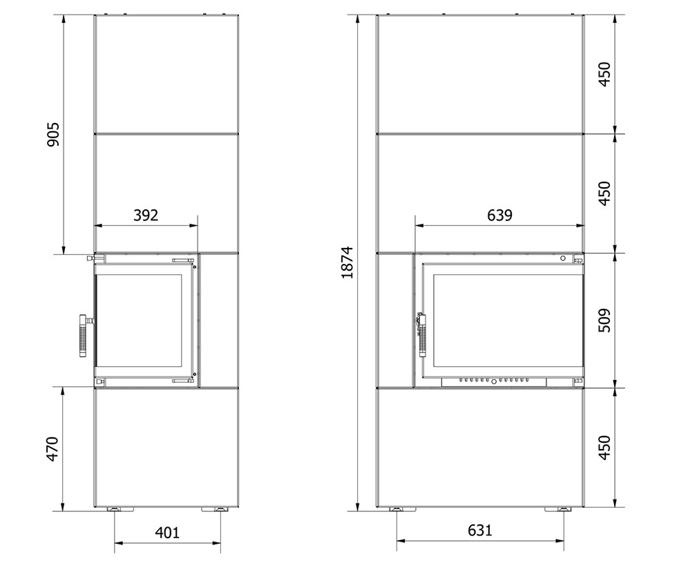 Τεχνικό σχέδιο ενεργειακού τζακιού με διαστάσεις σε χιλιοστά (mm) από εμπρόσθια και πλάγια όψη, περιλαμβάνοντας ύψος, πλάτος και βάθος θαλάμου καύσης και συνολικής κατασκευής.