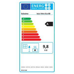 Επίσημη ενεργειακή ετικέτα EcoDesign κλάσης Α για το ενεργειακό τζάκι ξύλου Solzaima Iaco Vitro Eco 80 ισχύος 9,8 kW.