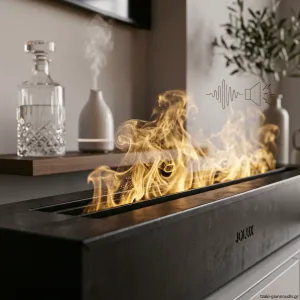 Λεπτομέρεια 3D φλόγας υδρατμού και ενσωματωμένου ήχου καύσης ξύλου στο ηλεκτρικό τζάκι Jolux ADL 150.