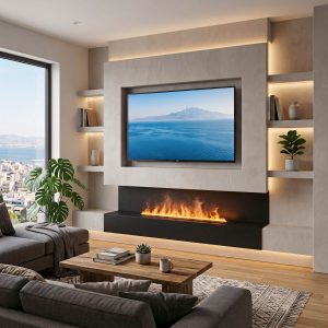Σύνθεση TV Media Wall με τοποθέτηση τζακιού ατμού Jolux ADL 80 κάτω από τηλεόραση χωρίς θερμότητα - Τζάκι Γιαννούδης Θεσσαλονίκη