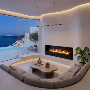 Καμπυλωτό καθιστικό τύπου pit lounge με εντοιχισμένο τζάκι ατμού Jolux ADL 150 και πανοραμική θέα θάλασσας.