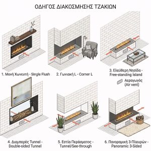 Οδηγός διακόσμησης και τρόπων τοποθέτησης για τζάκια βιοαιθανόλης & ηλεκτρικά τζάκια ατμού (χωνευτό, γωνιακό L, νησίδα, διαμπερές tunnel, 3-πλευρών) από το Τζάκι Γιαννούδης στη Θεσσαλονίκη.