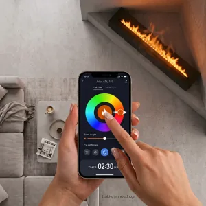Χρήση εφαρμογής smartphone για τον έλεγχο χρωμάτων και ύψους φλόγας στο ηλεκτρικό τζάκι Jolux ADL 150.
