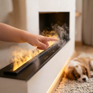 Ασφαλές ηλεκτρικό τζάκι ατμού Jolux ADL 100 με κρύα φλόγα νερού, απόλυτα ασφαλές για παιδιά και κατοικίδια ζώα.