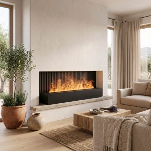 Τζάκι ατμού Jolux ADL 120 με πλάτη από κάθετα ξύλινα πηχάκια και πέτρινη βάση σε γήινο σαλόνι.