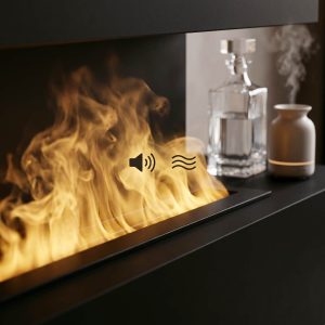 Κοντινό πλάνο στο ηλεκτρικό τζάκι ατμού Jolux ADL 120 με ρεαλιστικό ήχο τριξίματος ξύλων και λειτουργία ύγρανσης αέρα για υγιεινή ατμόσφαιρα.