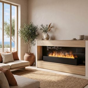 Ηλεκτρικό τζάκι ατμού Jolux ADL 120 με ξύλινη επένδυση σε μεσογειακή κατοικία με θέα θάλασσα.